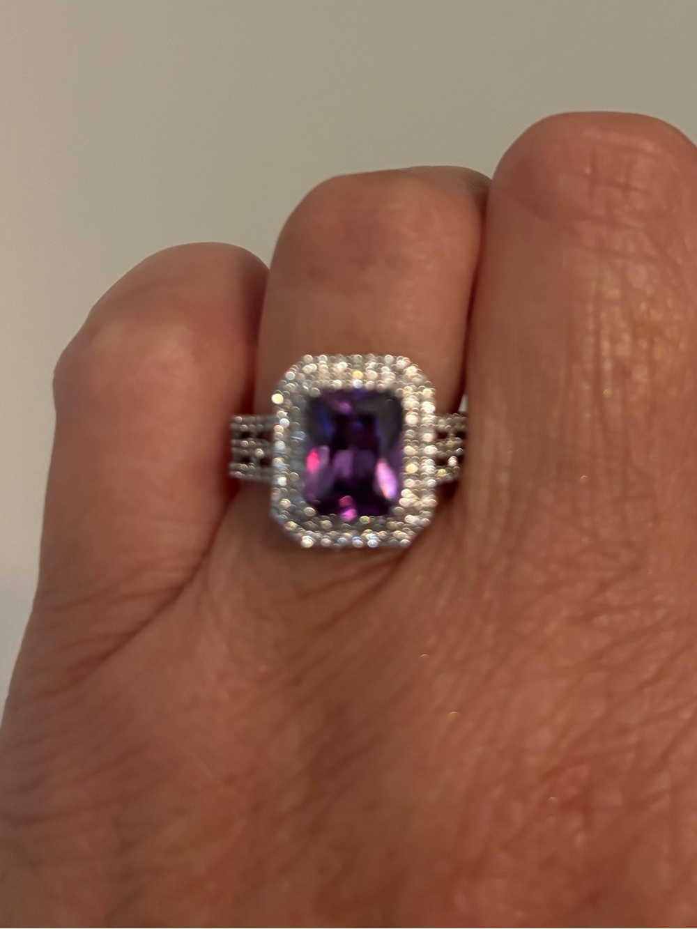 Amethyst Halo Statement Ring - Purple Silver Tone